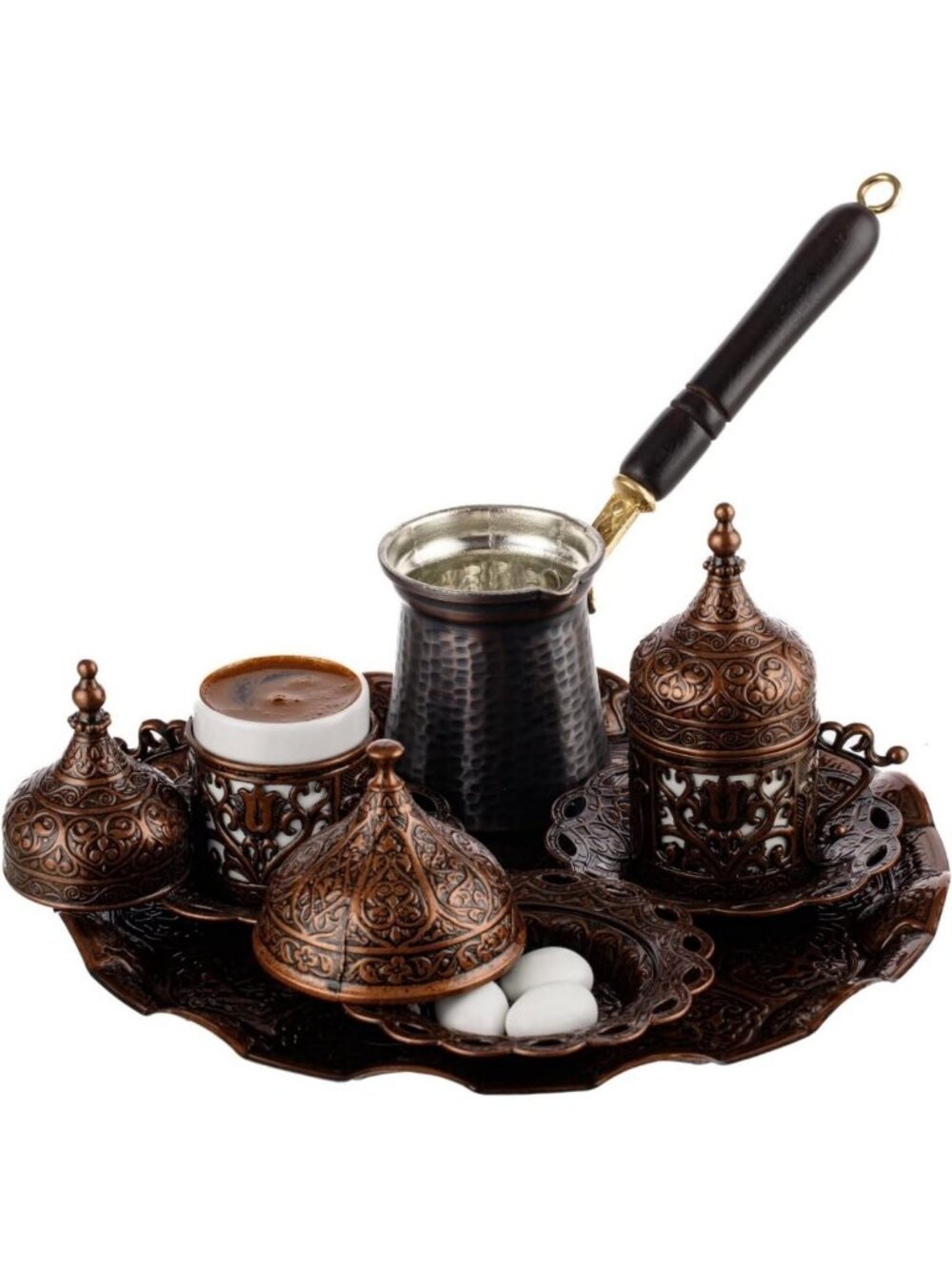 Turkish Arabic Coffee Set with Cups, Saucers, Sugar Bowl & Copper Pot - 12 Pcs